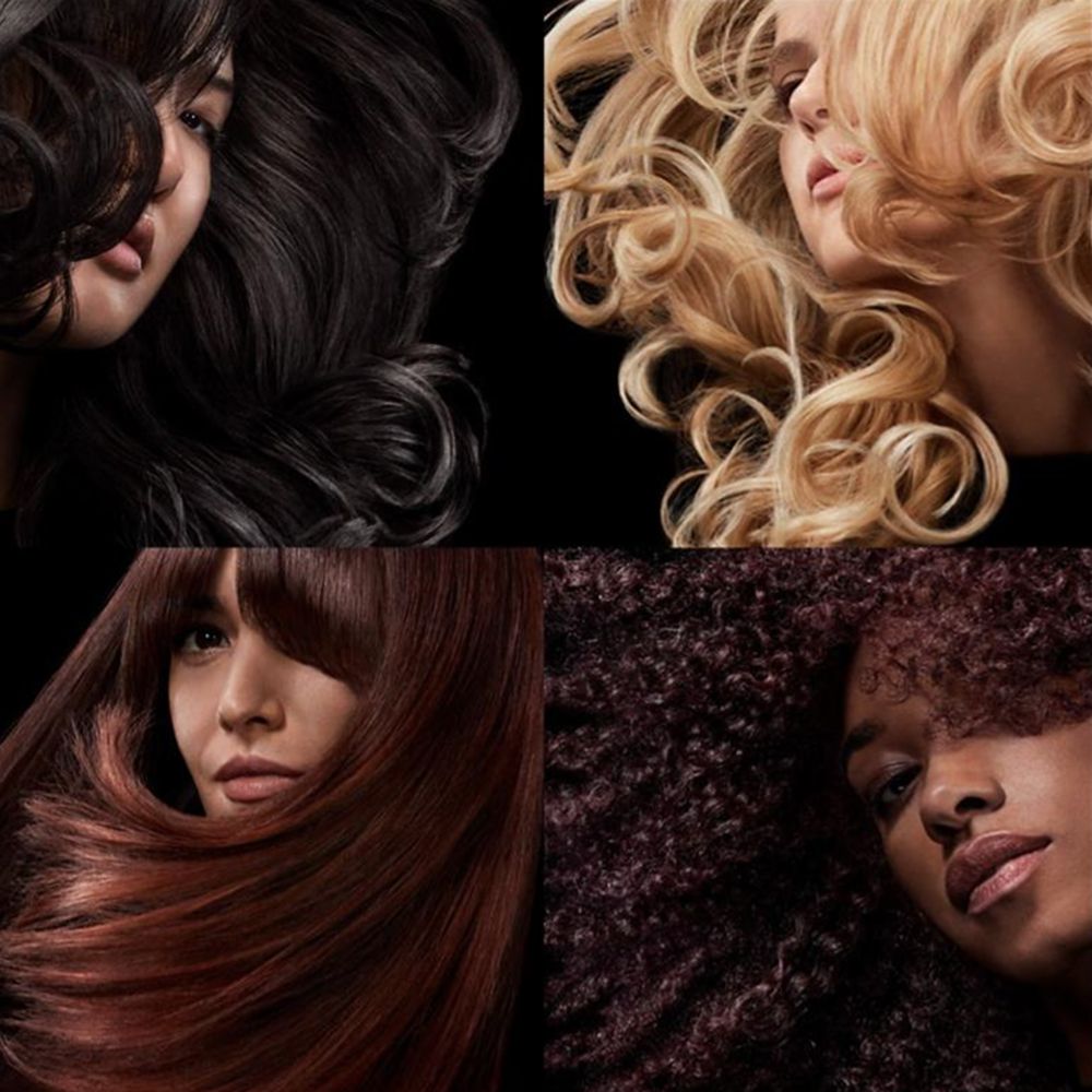 A grid of models with their hair styled using Dyson Beauty machines and formulations.